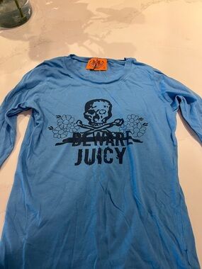 Juicy Couture Blue Long Sleeve Tee with Black Skull 'Beware Juicy' Graphic
